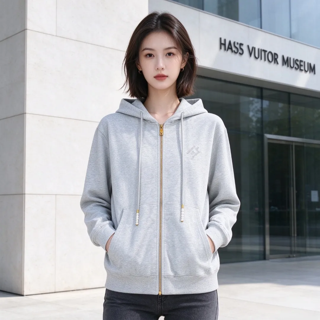 Louis Vuitton/Louis Vuitton Pearl Drawstring Letter Embroidered Zip Hooded Jacket